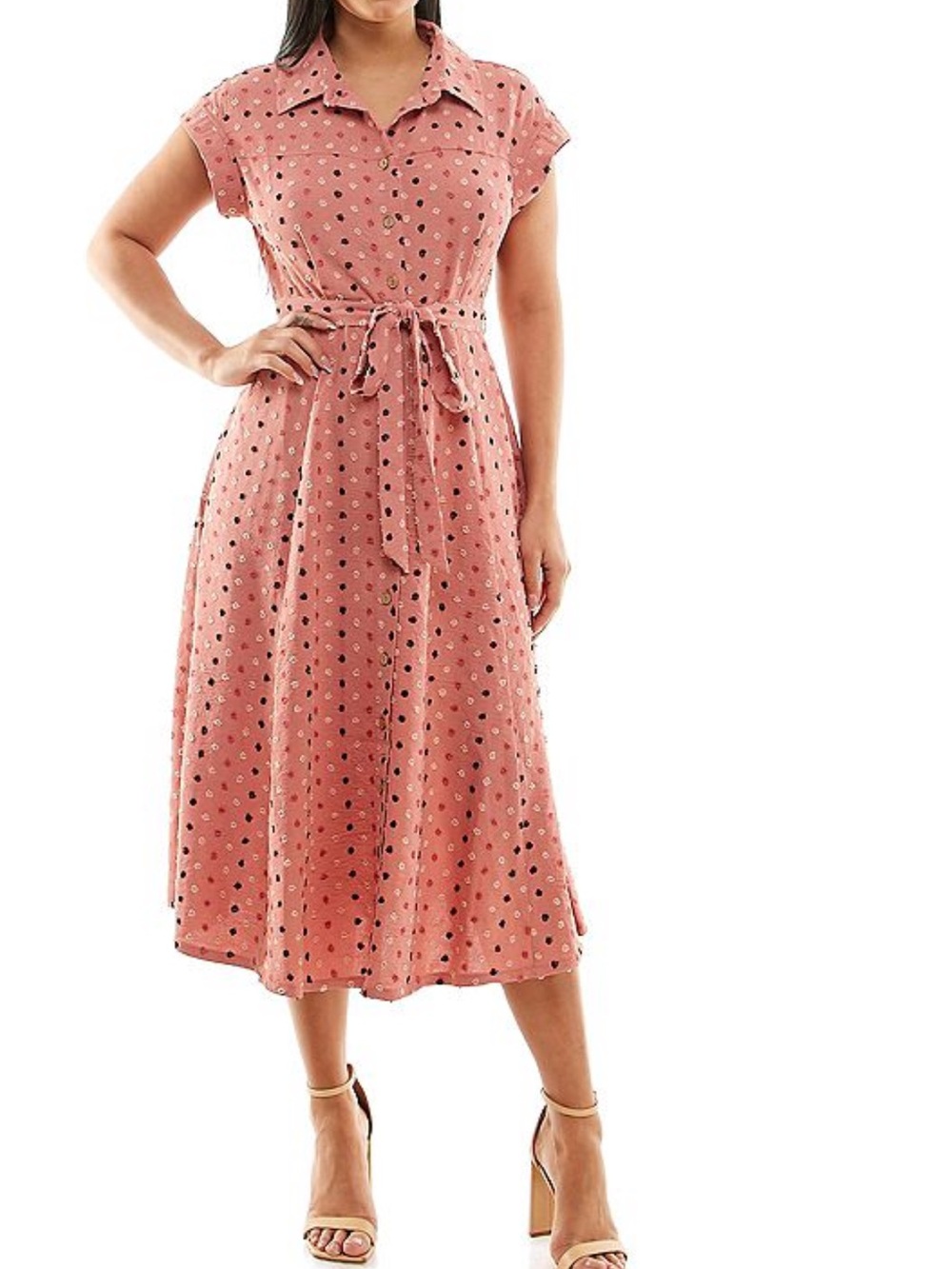 Nina Leonard 60’s inspired Swiss dot collared button belted waist midi Dress